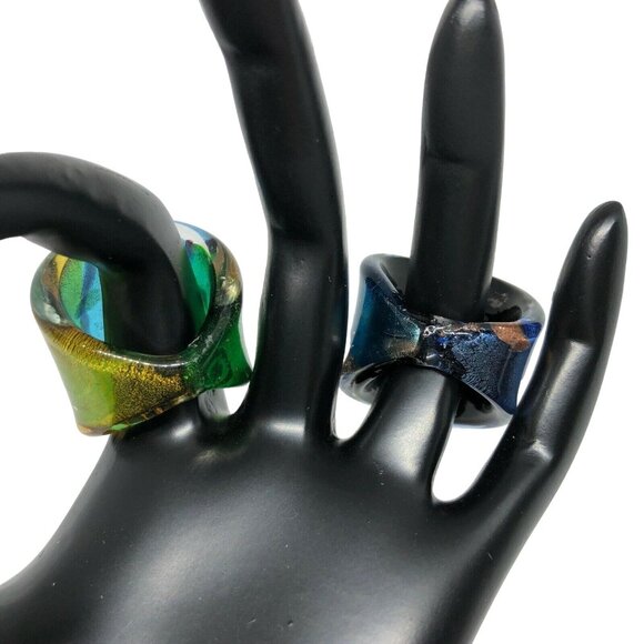 Handcrafted Dichroic Glass Statement Rings Blue & Green Tones Size 6.5 - Picture 3 of 6